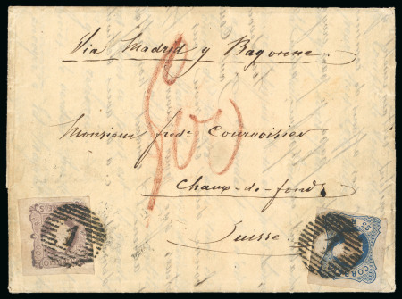 Stamp of Portugal 1853, 100r lilac mauve together with 25r blue on cover to Switzerland