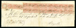 Stamp of Peru 1861, 1p red, second retouch, an extraordinary horizontal block of 20, strip of three & 1862-63 1d on wrapper