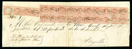 Stamp of Peru 1861, 1p red, second retouch, an extraordinary horizontal block of 20, strip of three & 1862-63 1d on wrapper