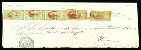 Stamp of Peru 1868-72, a very fresh horizontal strip of six and four singles on judicial wrapper from Cajatambo