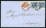 Stamp of Peru 1858, 1d deep blue, pair combined with 1858-59 1p rose on double rate cover from Arica to Arequipa