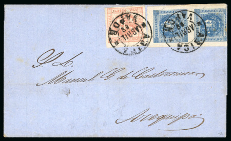 Stamp of Peru 1858, 1d deep blue, pair combined with 1858-59 1p rose on double rate cover from Arica to Arequipa