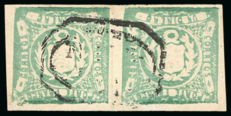 Stamp of Peru 1868-72, 1d green, frame inverted, horizontal pair used
