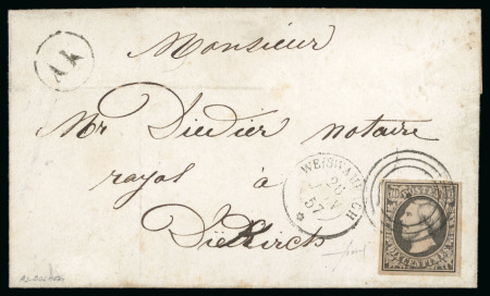 Stamp of Luxembourg 1852-59, 10c grey-black, used on rural cover from Weiswampach