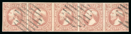 Stamp of Luxembourg 1852-59, 1sgr flesh, strip of five, good impression,
