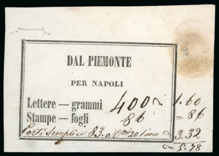 Stamp of Italian States » Naples 1837, cumulative postage due label "Dal Piemonte/Per