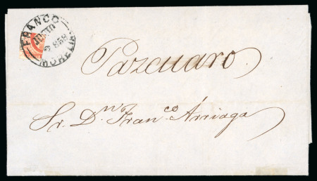 Stamp of Mexico 1856, 4r red, quarter used as i real on 2.6.1858 entire