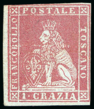 Stamp of Italian States » Tuscany 1851, 1cr deep carmine on bluish, mint with original