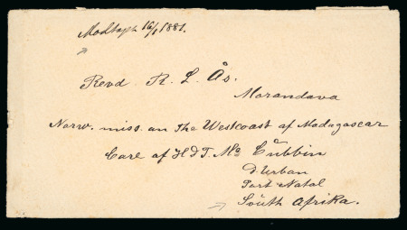 Stamp of Norway » Norwegian Missionary Society in Madagascar 1881 (Jan 16) stampless envelope from Norway to Reverend Aas at Morondava