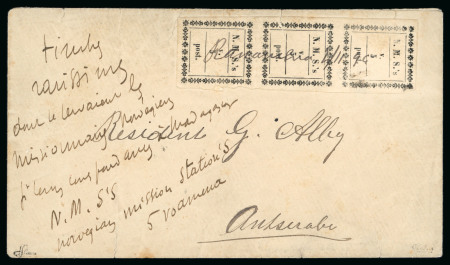Stamp of Norway » Norwegian Missionary Society in Madagascar 1894-95, 5v black, third printing (narrow setting on white paper), in vertical strip of three on cover