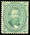 Stamp of Brazil » 1866-83 Dom Pedro » 1866 "Black Beard" Issue 1866, 50r green and 50r black, the two colour proofs executed with perforation 12