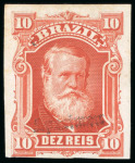 Stamp of Brazil » 1866-83 Dom Pedro » 1877-78 Roulette "White Beard" Issue 1877, 10r vermilion imperforate without gum, with Specimen ovpt