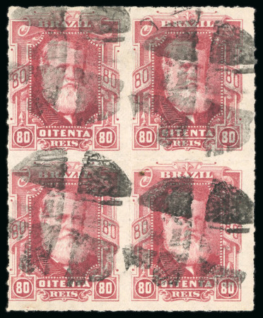 Stamp of Brazil » 1866-83 Dom Pedro » 1877-78 Roulette "White Beard" Issue 1878, 80r carmine, block of four, incredibly vivid