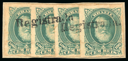 Stamp of Brazil » 1866-83 Dom Pedro » 1877-78 Roulette "White Beard" Issue 1877, 100r green, strip of three and four examples on piece with very appealing usages