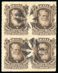 Stamp of Brazil » 1866-83 Dom Pedro » 1877-78 Roulette "White Beard" Issue 1877, 260r dark brown, block of four, used