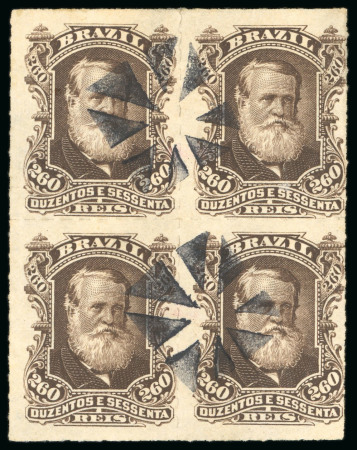 Stamp of Brazil » 1866-83 Dom Pedro » 1877-78 Roulette "White Beard" Issue 1877, 260r dark brown, block of four, used