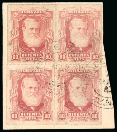 Stamp of Brazil » 1866-83 Dom Pedro » 1877-78 Roulette "White Beard" Issue 1878, 80r carmine, block of four, used on piece