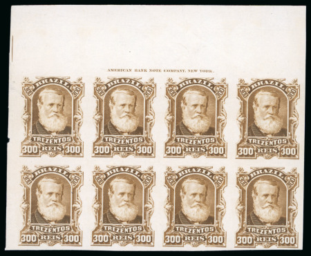 Stamp of Brazil » 1866-83 Dom Pedro » 1877-78 Roulette "White Beard" Issue 1878, 300r ochre, imperforate plate proofs on India