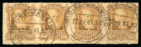 Stamp of Brazil » 1866-83 Dom Pedro » 1877-78 Roulette "White Beard" Issue 1878, 300r ochre, strip of four, very fresh cancelled
