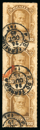 Stamp of Brazil » 1866-83 Dom Pedro » 1877-78 Roulette "White Beard" Issue 1878, 300r ochre, vertical strip of three used