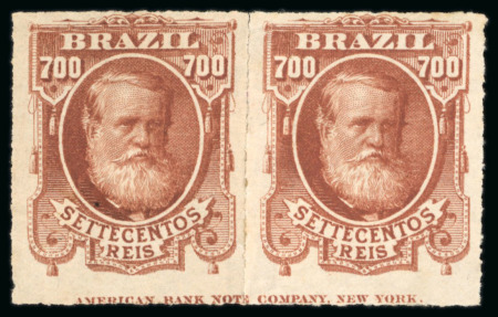 Stamp of Brazil » 1866-83 Dom Pedro » 1877-78 Roulette "White Beard" Issue 1878, 700r brown red, two rejoined unused examples