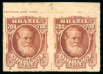 Stamp of Brazil » 1866-83 Dom Pedro » 1877-78 Roulette "White Beard" Issue 1878, 700r brown red, deep shade, a great pair with sheet margin at top