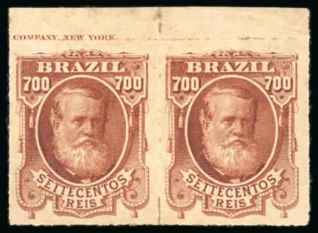 Stamp of Brazil » 1866-83 Dom Pedro » 1877-78 Roulette "White Beard" Issue 1878, 700r brown red, deep shade, a great pair with sheet margin at top