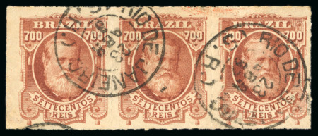 Stamp of Brazil » 1866-83 Dom Pedro » 1877-78 Roulette "White Beard" Issue 1878, 700r brown red, strip of three, used
