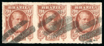Stamp of Brazil » 1866-83 Dom Pedro » 1877-78 Roulette "White Beard" Issue 1878, 700r brown red, strip of three, in a very appealing