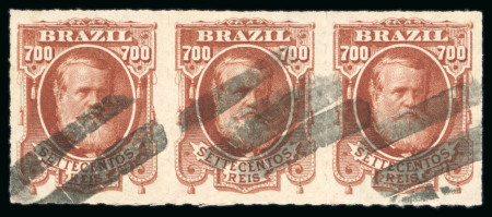 Stamp of Brazil » 1866-83 Dom Pedro » 1877-78 Roulette "White Beard" Issue 1878, 700r brown red, strip of three, in a very appealing
