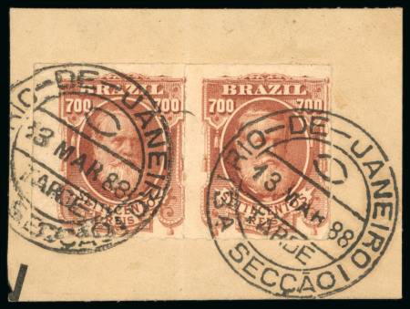 Stamp of Brazil » 1866-83 Dom Pedro » 1877-78 Roulette "White Beard" Issue 1878, 700r brown red, pair tied to piece by two "Rio-de-Janeiro/13