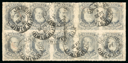 Stamp of Brazil » 1866-83 Dom Pedro » 1877-78 Roulette "White Beard" Issue 1878, 1,000r grey slate, horizontal block of ten used