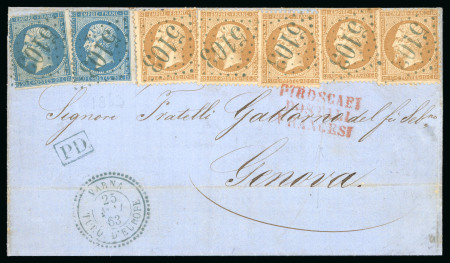 Stamp of Bulgaria » French Levant Post Offices 1863 (May 25) Cover from Varna to Genoa, franked by 1862 10c (5) and 20c (2)