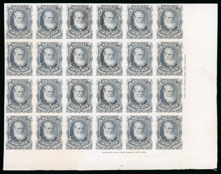 Stamp of Brazil » 1866-83 Dom Pedro » 1877-78 Roulette "White Beard" Issue 1878, 1,000r grey slate, imperforate plate proofs, horizontal block of 24