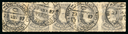 Stamp of Brazil » 1866-83 Dom Pedro » 1877-78 Roulette "White Beard" Issue 1878, 1,000r grey slate, the finest strip of five used