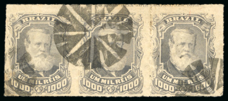 Stamp of Brazil » 1866-83 Dom Pedro » 1877-78 Roulette "White Beard" Issue 1878, 1,000r grey slate, strip of three, marginal imprint