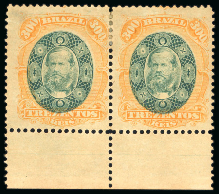 Stamp of Brazil » 1866-83 Dom Pedro » 1878 "Auriverde" Issue 1878, 300r green and orange, unused pair without gum