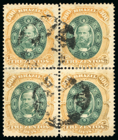 Stamp of Brazil » 1866-83 Dom Pedro » 1878 "Auriverde" Issue 1878, 300r green and orange, block of our, used 