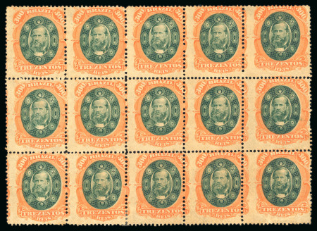 Stamp of Brazil » 1866-83 Dom Pedro » 1878 "Auriverde" Issue 1878, 300r green and deep orange, block of 15 and two blocks of 4