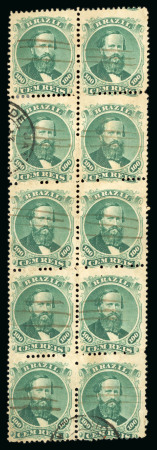 Stamp of Brazil » 1866-83 Dom Pedro » 1866 "Black Beard" Issue 1866, 100r green, type IV, die III, vertical block of ten