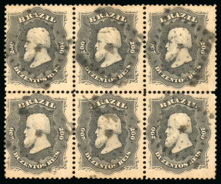 Stamp of Brazil » 1866-83 Dom Pedro » 1866 "Black Beard" Issue 1866, 200r black, horizontal block of six, each cancelled