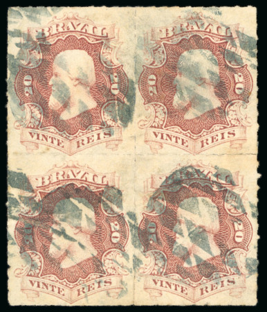 Stamp of Brazil » 1866-83 Dom Pedro » 1876 Roulette "Black Beard" Issue 1876, 20r brown lilac, two blocks of four cancelled