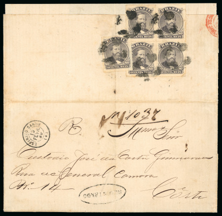 Stamp of Brazil » 1866-83 Dom Pedro » 1876 Roulette "Black Beard" Issue 1876, 80r violet black, block of four and single on cover