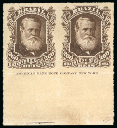 Stamp of Brazil » 1866-83 Dom Pedro » 1877-78 Roulette "White Beard" Issue 1877, 260 dark brown, a spectacular pair with complete