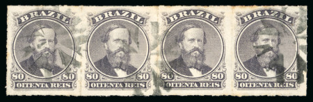 Stamp of Brazil » 1866-83 Dom Pedro » 1876 Roulette "Black Beard" Issue 1876, 80r violet black, strip of four, above the norm