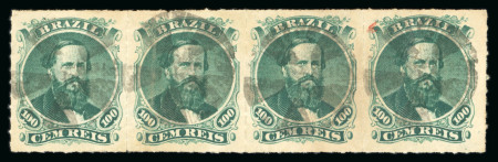 Stamp of Brazil » 1866-83 Dom Pedro » 1876 Roulette "Black Beard" Issue 1876, 100r green, type IV, die III, strip of four,