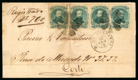 Stamp of Brazil » 1866-83 Dom Pedro » 1876 Roulette "Black Beard" Issue 1876, 100r green, type IV, die III, strip of four