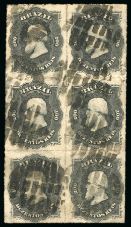 Stamp of Brazil » 1866-83 Dom Pedro » 1876 Roulette "Black Beard" Issue 1876, 200r black, vertical block of six used
