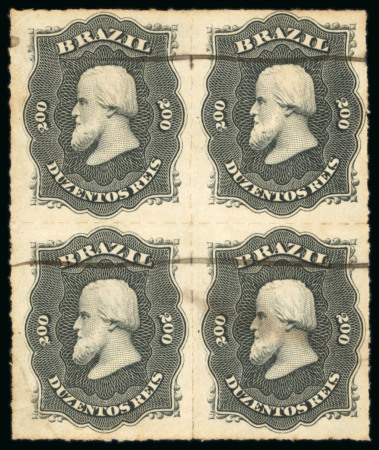 Stamp of Brazil » 1866-83 Dom Pedro » 1876 Roulette "Black Beard" Issue 1876, 200r black, block of four, uncharacteristically