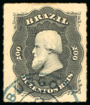 Stamp of Brazil » 1866-83 Dom Pedro » 1876 Roulette "Black Beard" Issue 1876, 200r black, selection of eight stamps with coloured cancellations